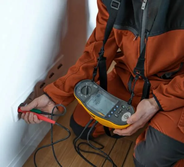 Electrician testing a socket, a process explained in our electrical guides